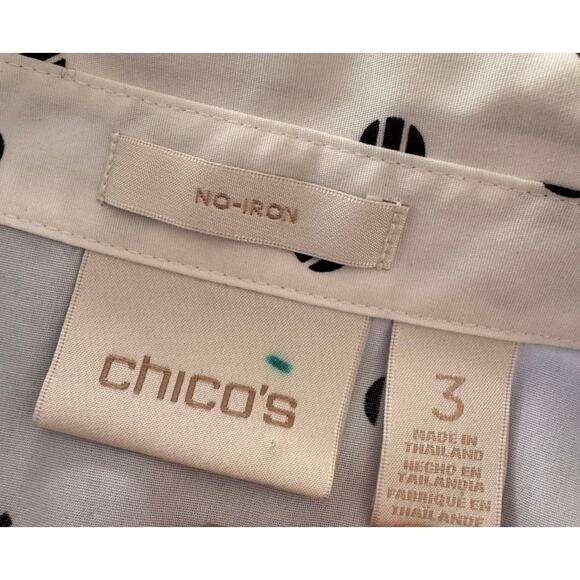 Chico's XL No Iron Size 3 Button Front Shirt White with Black Dotted 100% Cotton - Picture 3 of 8